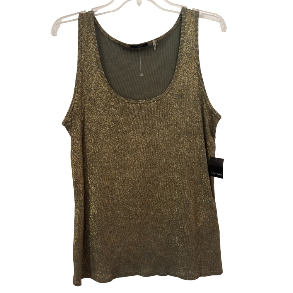 Tahari Metallic Gold Military Green Ribbed Knit Tank Top XL Y2K Shimmer Cami